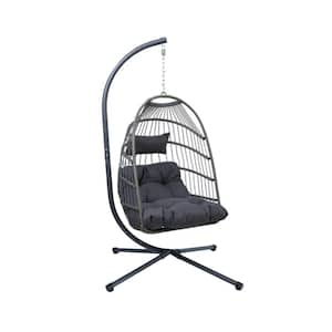 6.46 ft. Outdoor Wicker Free Standing Swing Egg Chair Hanging Hammock Chair in Gray with Stand, Black Cushion and Pillow