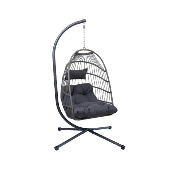 ITOPFOX 6.46 ft. Outdoor Wicker Free Standing Swing Egg Chair Hanging Hammock Chair in Gray with Stand, Black Cushion and Pillow