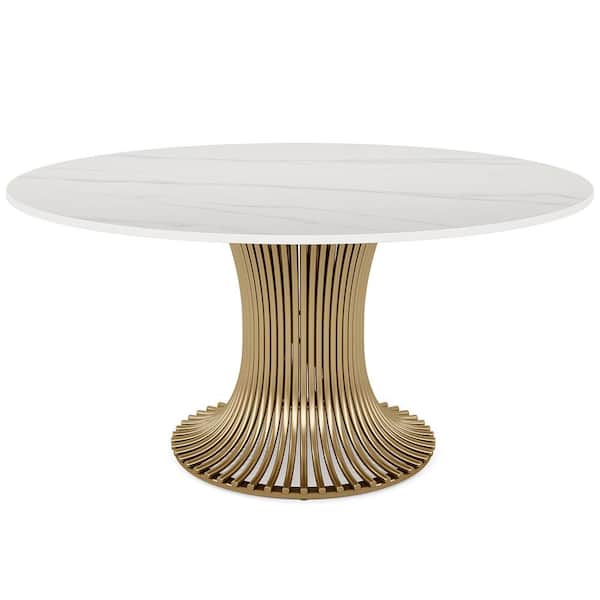 BYBLIGHT Roesler Gold and White Sintered Stone 59 in. W Pedestal Round Dining Table Seats 6 for Kitchen, Dining Room