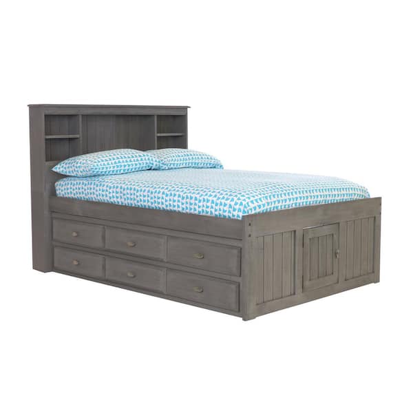 OS Home and Office Furniture Mission Charcoal Gray Full Sized Captains Bookcase Bed with 6-Drawers