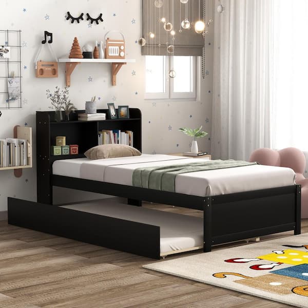 GOJANE 85.20 in. W Espresso Twin Platform Bed with Trundle and Bookcase