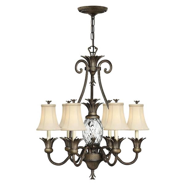 Plantation 7-Light Pearl Bronze Shaded Mini Pendant With Ivory Silk Shade.
