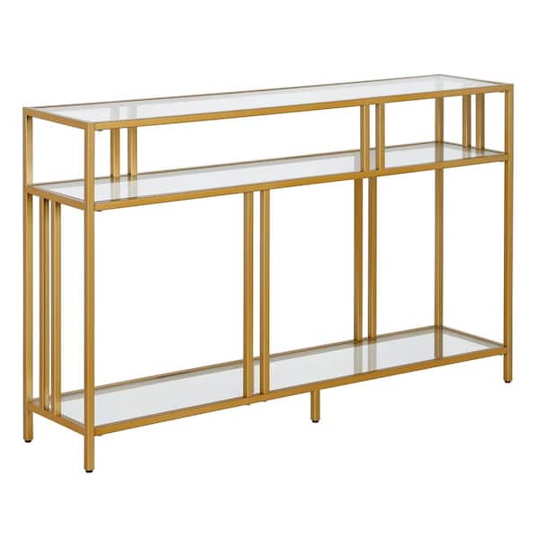 Meyer&Cross Cortland 48 in. Brass Rectangle Glass Console Table with Glass Shelves