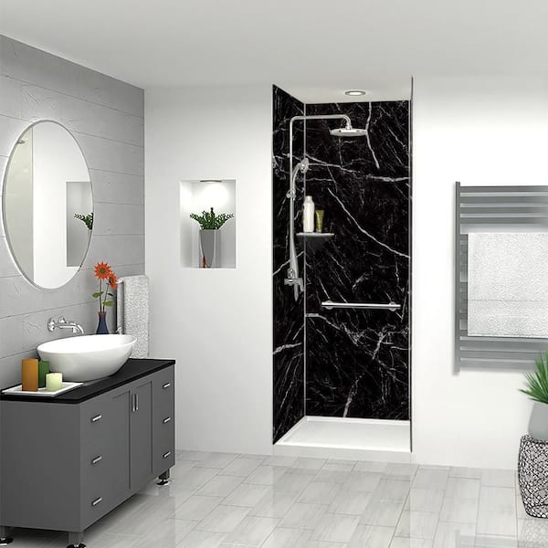 Transolid Titan 36 in. W x 96 in. H x 36 in. D 3-Piece Glue-Up Alcove Shower Wall Surround in Black Caruso (Honed)