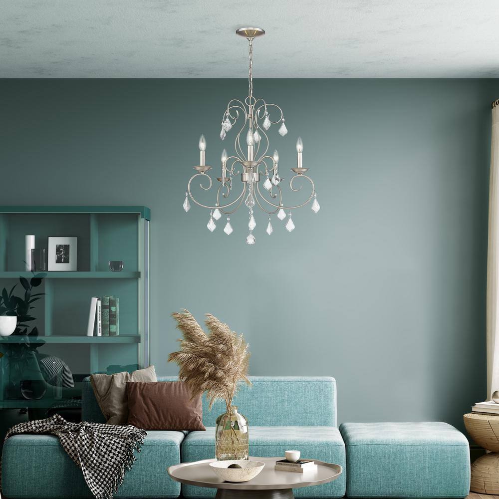 Mini Elegance 5-Light Brushed Nickel Chandelier with Clear Crystal Drops