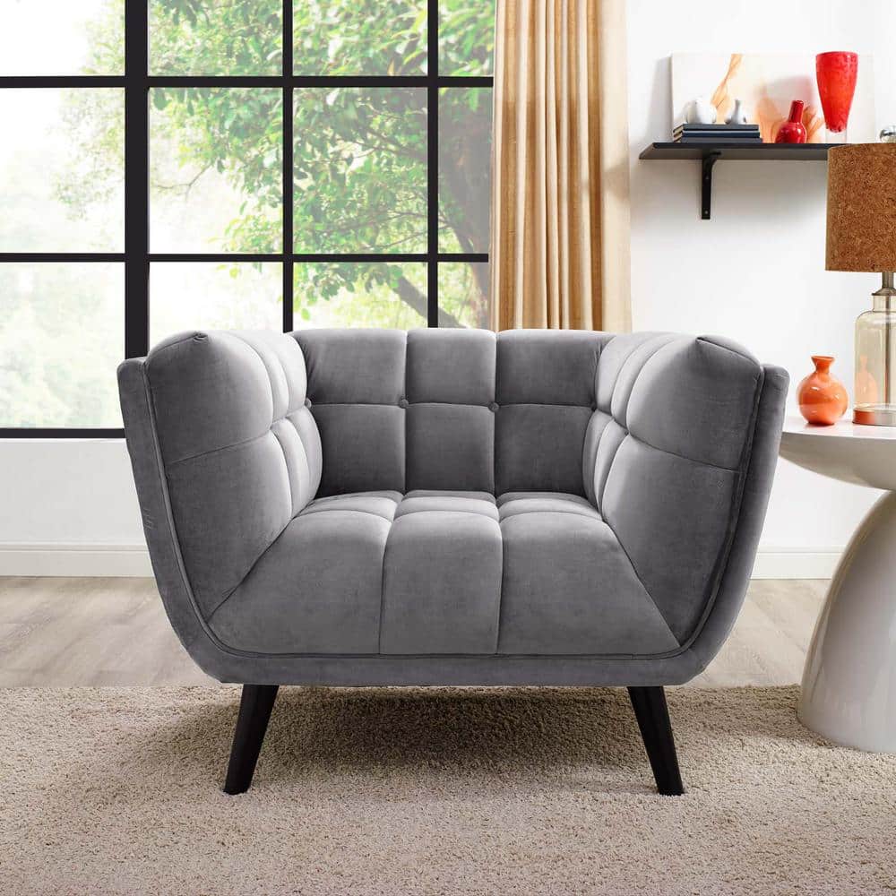 Black Velvet and Wood Mid-Century Modern Accent Chair