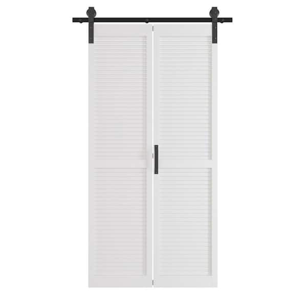 TENONER 42 in. x 84 in. White, Finished, MDF, Bi-Fold Style, Pre-assembled Panel, Louvered Sliding Barn Door with Hardware Kit