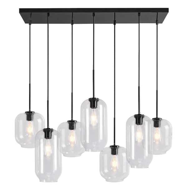 40-Watt 7-Lights Matte Black Modern Minimalist Linear Pendant Light with Clear Glass Shade and No Bulbs Included