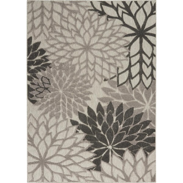 Nourison Aloha Gray 4 ft. x 6 ft. Floral Modern Indoor/Outdoor Patio ...