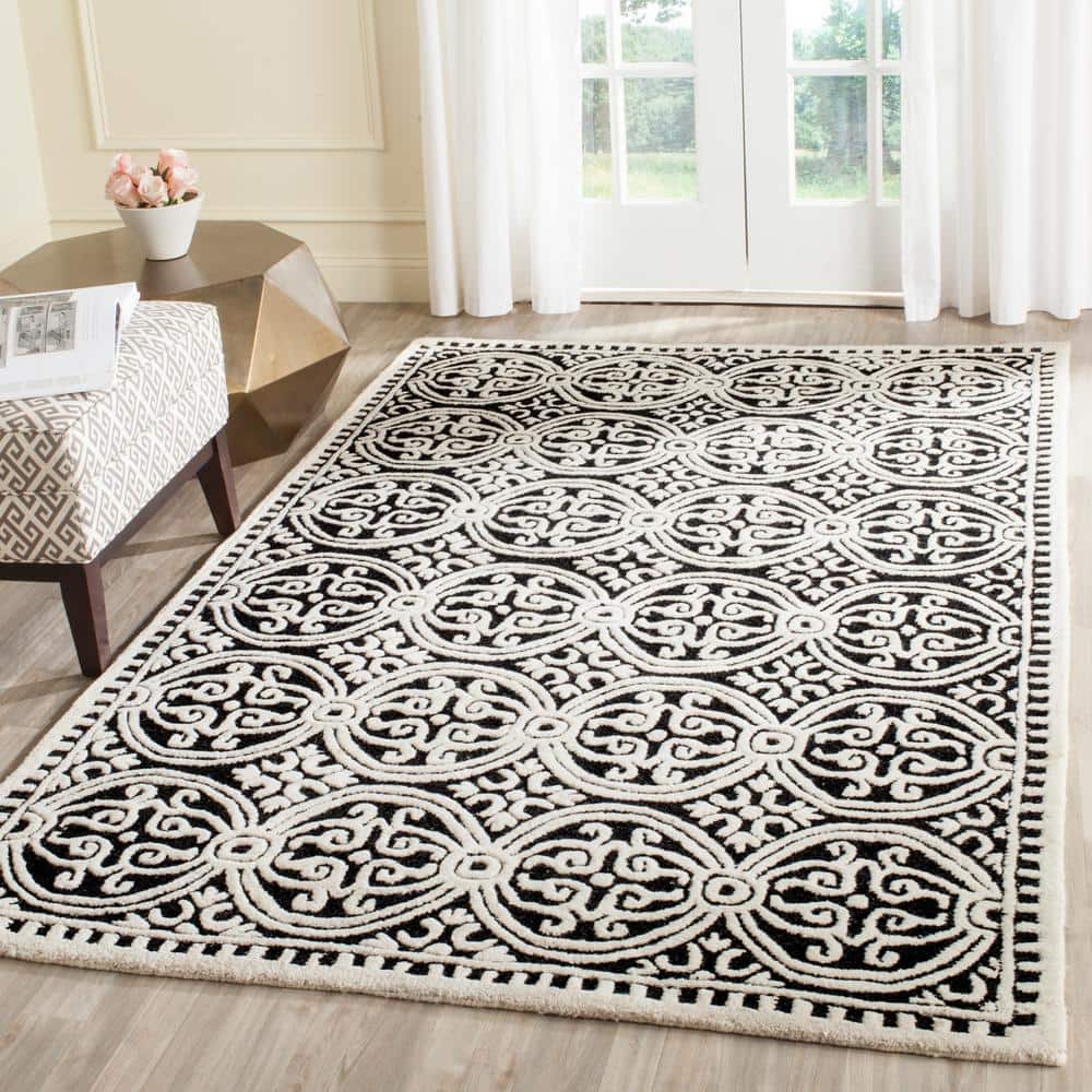 Ivory and Black Geometric Wool 3' x 3' Square Rug