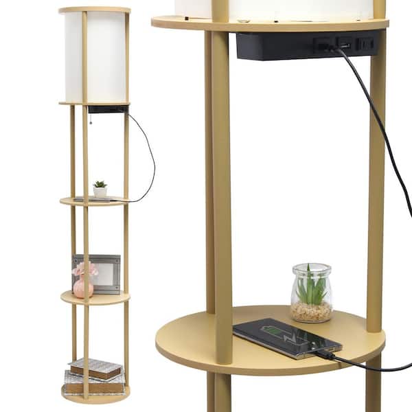 Simple Designs 62.5 in. Tan Round Modern Floor Lamp Shelf Etagere Organizer Storage with 2 USB Charging Ports, 1 Charging Outlet