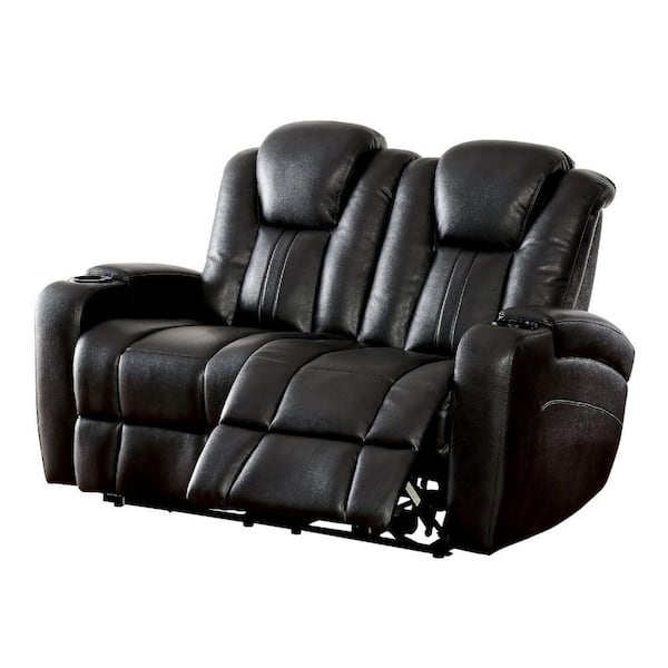 Benjara 40 in. Dark Gray Solid Leather 2-Seater Loveseat with Cup Holders and Storage