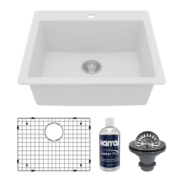 White Quartz 25 in. Single Bowl Drop-In Kitchen Sink with Bottom Grid and Strainer