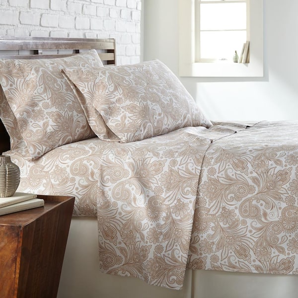 Southshore Fine Linens Perfect Paisley 3-Piece Taupe Paisley on White Microfiber Twin Deep Pocket Sheet Set