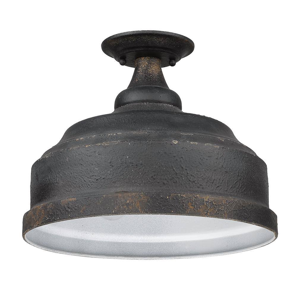 Antique Black Iron Keating 13.75" Semi-Flush Light with Glass Shade