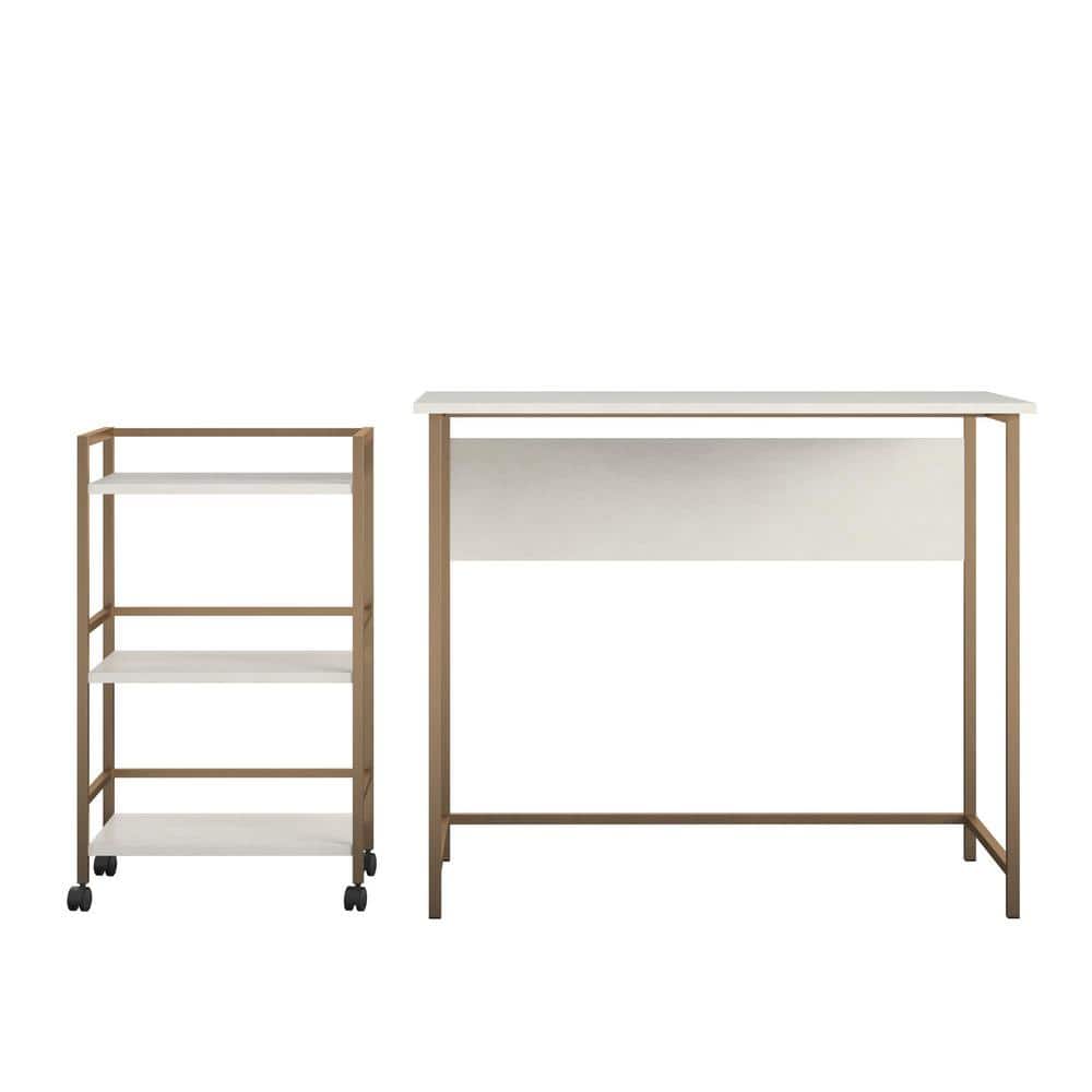 Bernay 36 in. Plaster/Gold Desk with Rolling Cart Bundle