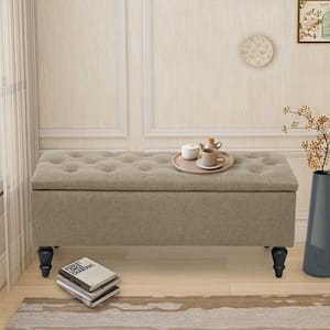 38 in. L x 17 in. W x 17 in. H Beige Linen Fabric Upholstered Flip Top Tufted Storage Bench