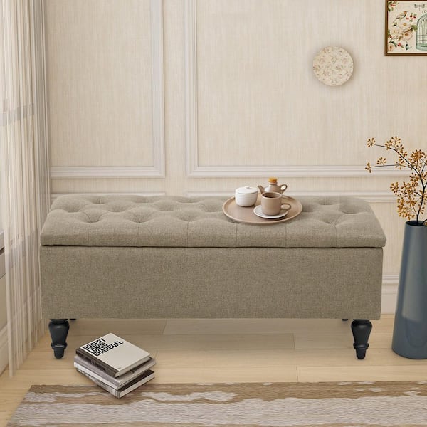 Maypex 38 in. W x 17 in. D x 17 in. H Beige Fabric Upholstered Flip Top Storage Bench with Turn Solid Wood Legs