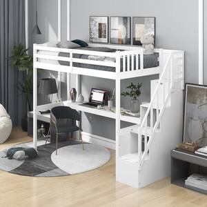 White Twin Loft Bed with Staircase.and Built-in Desk