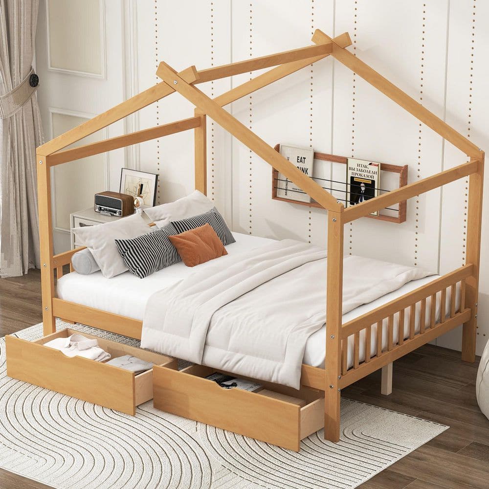 Natural Brown Wood Frame Full Platform Bed with Two Drawers, Headboard and Footboard