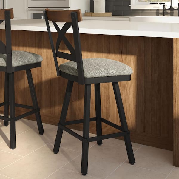 Amisco Snyder 27 in. Light Beige and Grey Boucle Polyester/Black Metal/Brown Distressed Wood Swivel Counter Stool