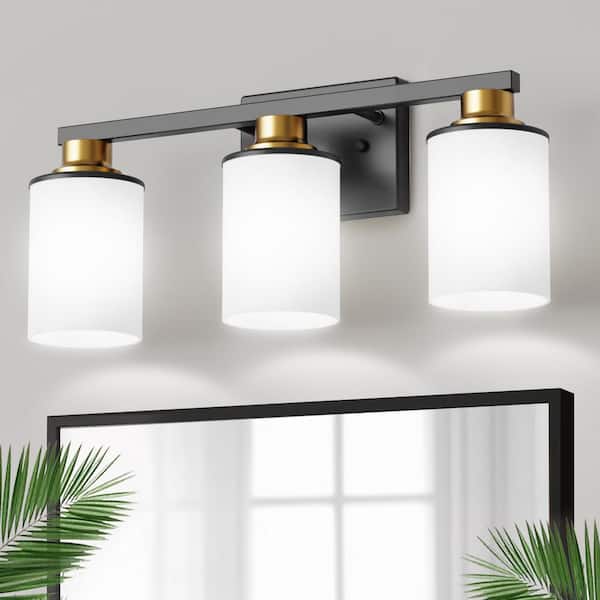 YANSUN 20 in. 3-Light Black and Gold Vanity Light with Milky White Glass Shades, Wall Sconce for Bathroom