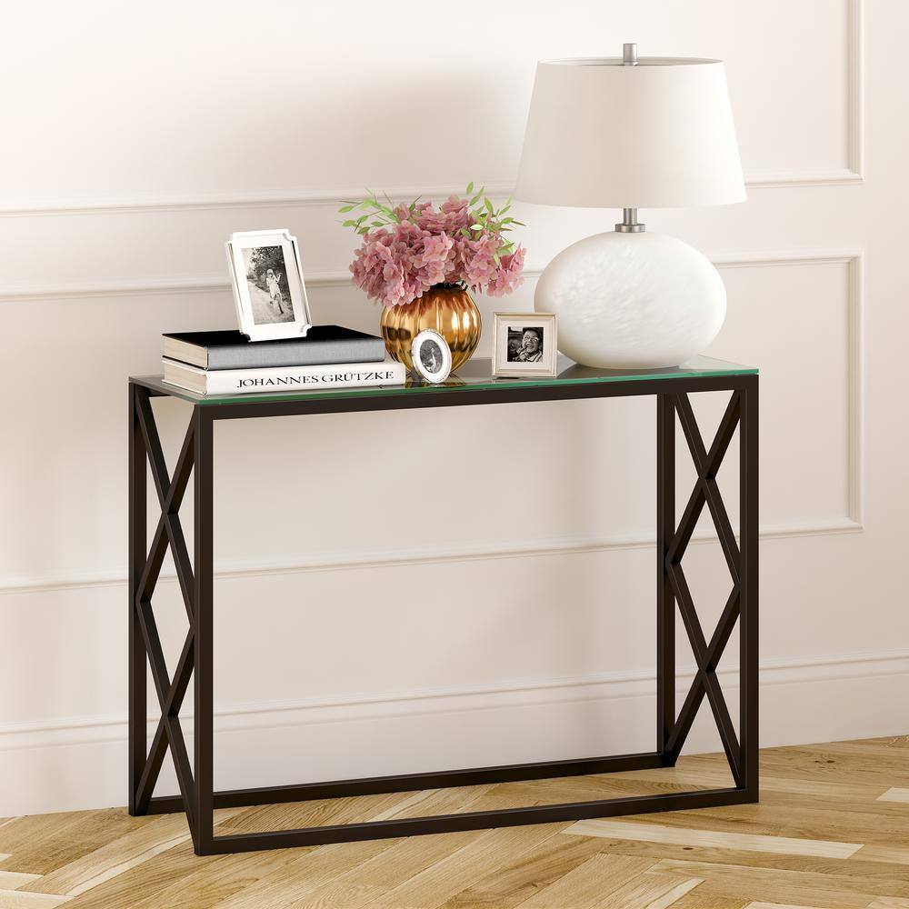 Dixon 42" Blackened Bronze Metal and Glass Console Table with Storage