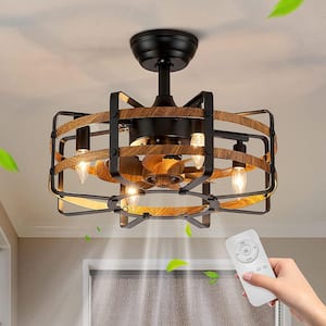 20 in. Indoor 4-Light Farmhouse Wood Grain Caged Ceiling Fan with Light Black Bladeless Ceiling Fan with Remote