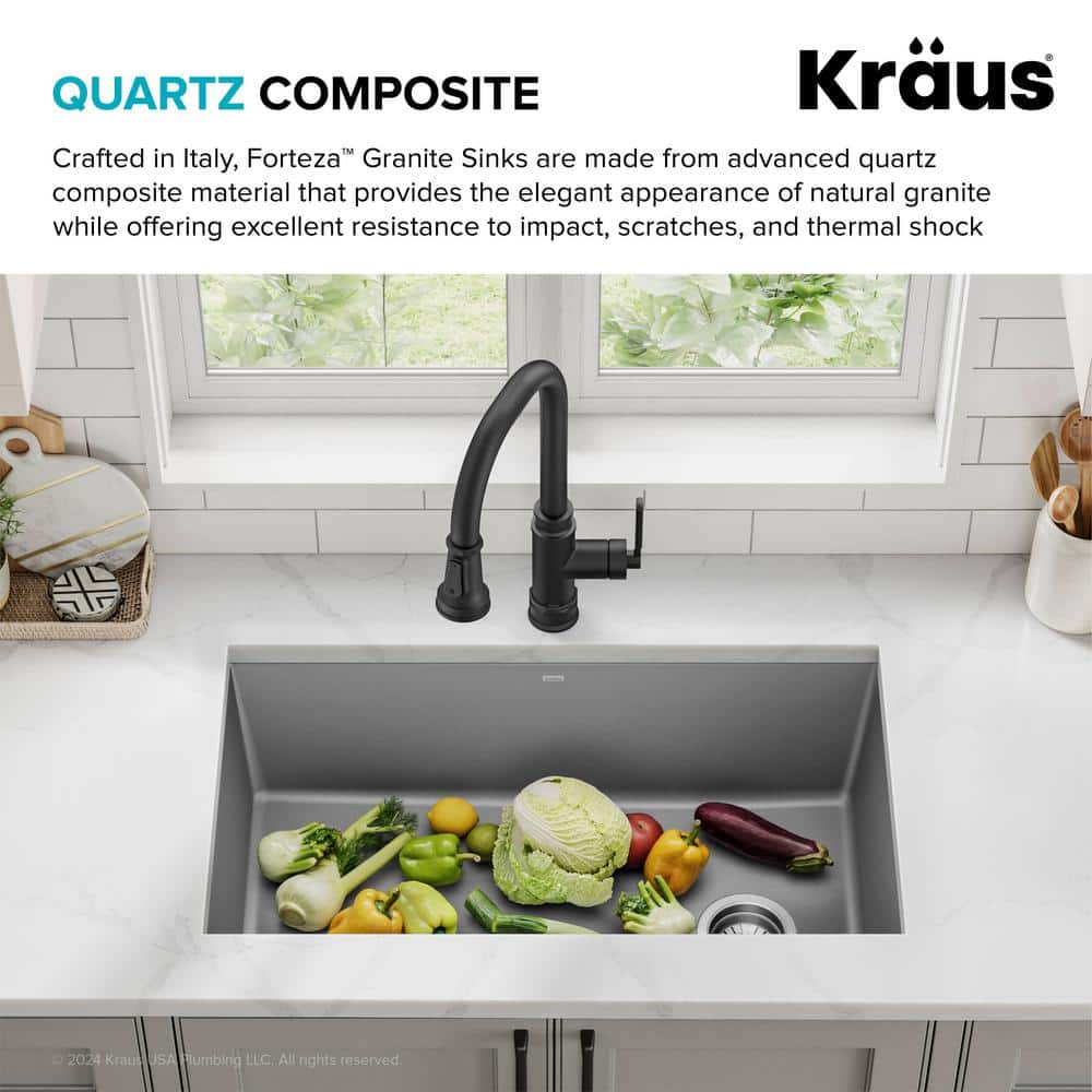Gray 32-inch Undermount Single Bowl Granite Kitchen Sink
