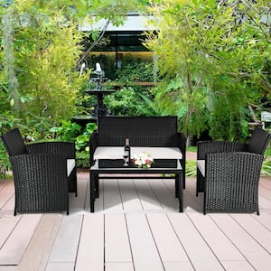 Black Frame 4-Piece Wicker Outdoor Patio Conversation Set Furniture Set with White Cushions