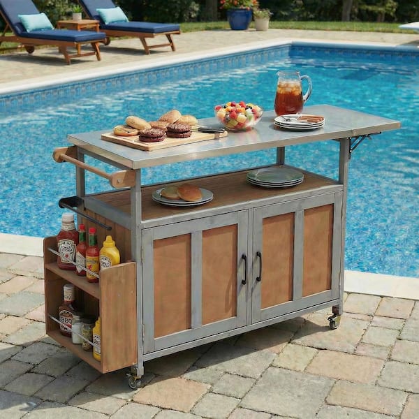 Espresso, Grey Stainless Steel Top Kitchen Cart with Lockable Wheels, Storage Cabinet and Towel Rack