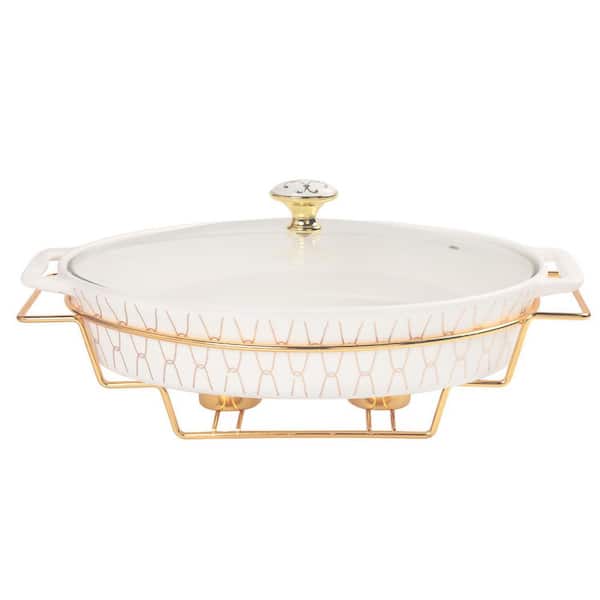 Ceramic Oval Casserole Dish 1-Piece with Glass Lid and Gold Rack, Soup Tureen Chafing Dish for Buffet