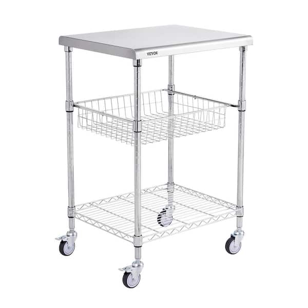 VEVOR 3-Tiers Kitchen Utility Cart 20 in. Wire Rolling Cart with Wheels Metal Storage Trolley with 6 Hooks Kitchen Cart,Silver