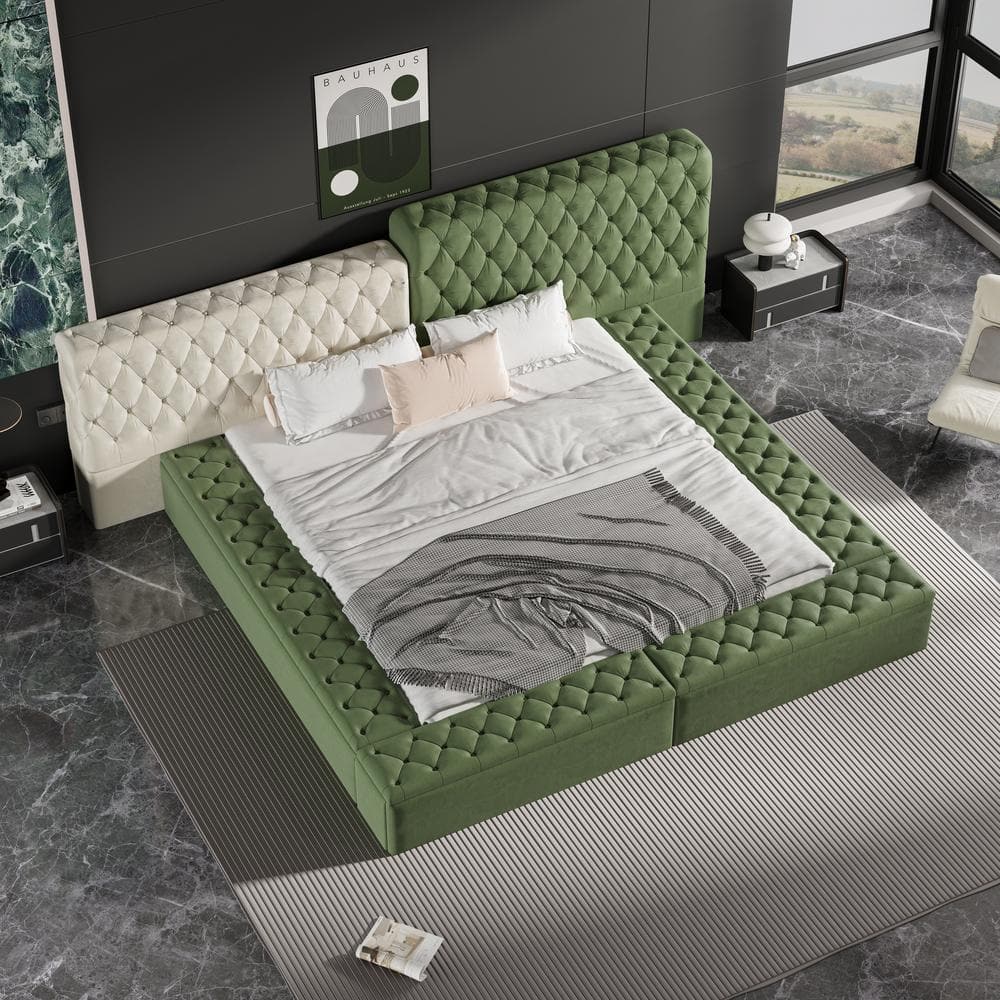 Green Solid Wood Frame King Size Platform Bed with Deep Button Tufting Stor