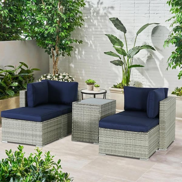 Zeus & Ruta Gray 5-Piece Wicker Metal Patio Conversation Set with Blue Cushions and Coffee Table