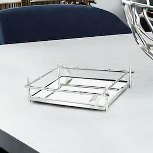 12 in. Bamboo Style Rectangle Metal Mirror Silver Decorative Tray