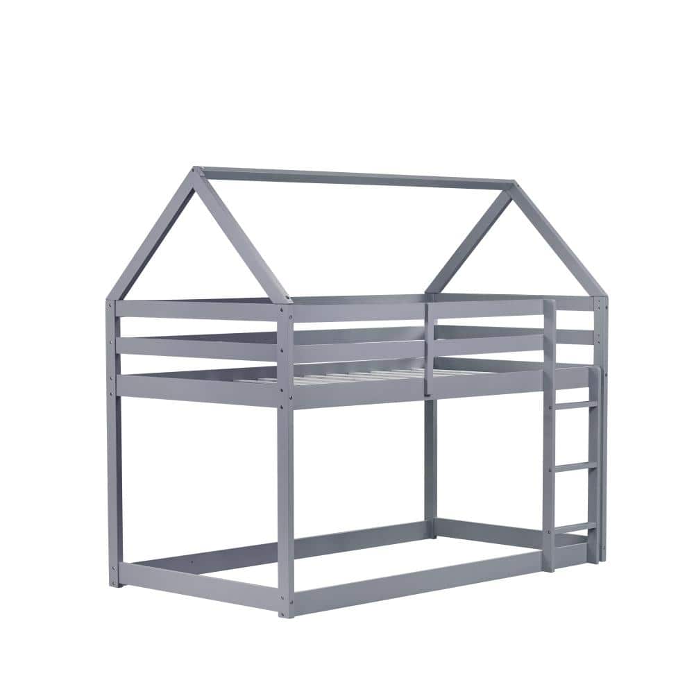 Nestfair Gray Wood Twin over Twin Bunk Bed with House-Shaped and Ladder ...