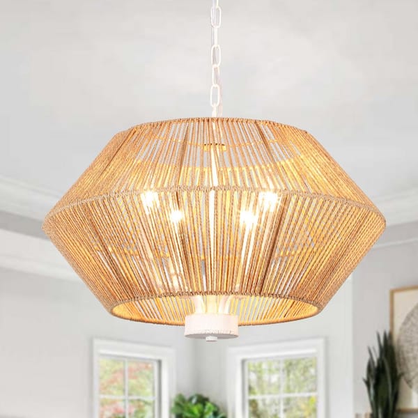 4-Light Distressed White and Brown Paper Rattan Lampshade Candle Chandelier for Living Room with No Bulbs Included