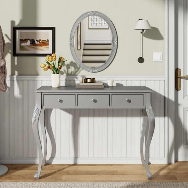 2-Piece Silver Makeup Vanity Set with Oval Mirror and 3-Drawer
