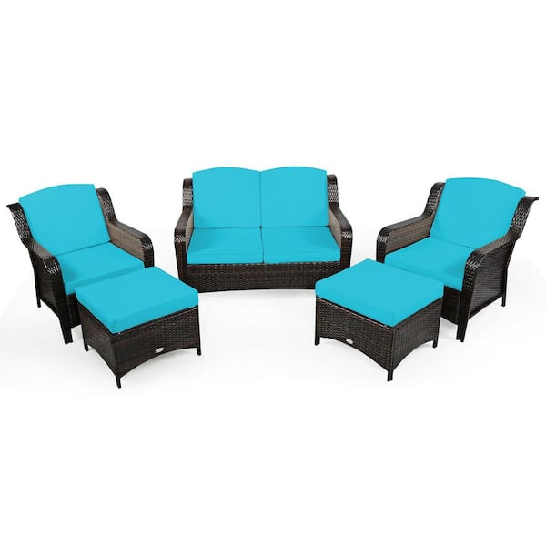 WELLFOR 5-Piece Wicker Patio Conversation Set with Turquoise Cushion and Ottoma