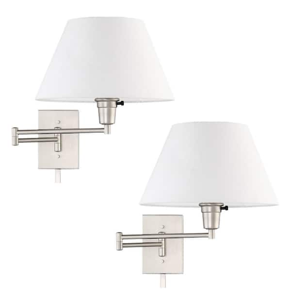 Kira Home Cambridge 13 in. 150-Watt 1-Light Satin Nickel Swing Arm Wall Lamp with White Fabric Shade, 2-Pack