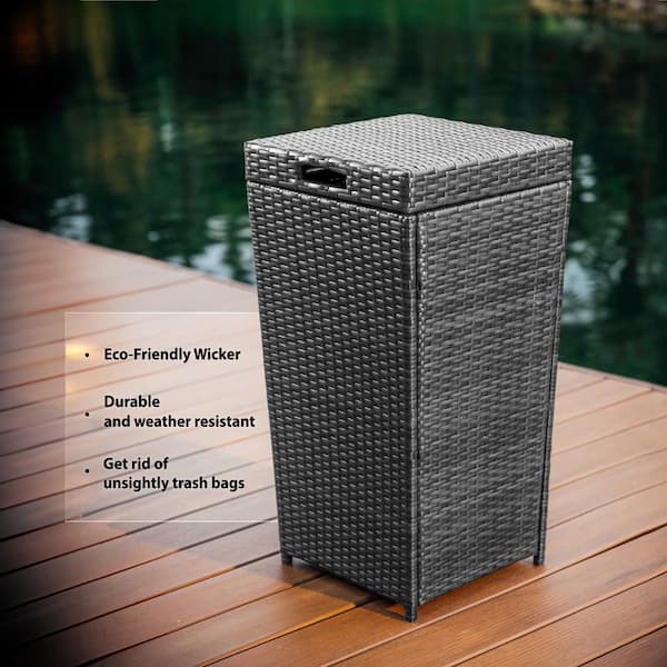 35 Gal. Gray Wicker Rattan Outdoor Trash Can with Lid for Outdoor Patio