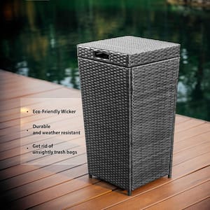 35 Gal. Gray Wicker Rattan Outdoor Trash Can with Lid for Outdoor Patio