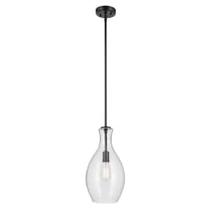 Everly 17.75 in. 1-Light Black Modern Shaded Bell Kitchen Hanging Pendant Light with Clear Seeded Glass