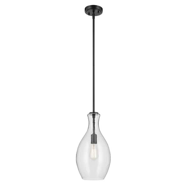 KICHLER Everly 17.75 in. 1-Light Black Modern Shaded Bell Kitchen Hanging Pendant Light with Clear Seeded Glass