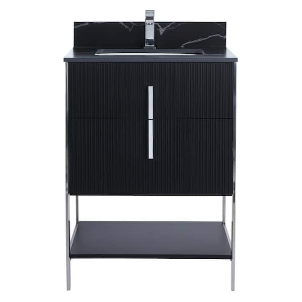FINE FIXTURES 24 in. W x 18 in. D x 33.5 in. H in Black Matte Bath Vanity with Black Sintered Stone Top with Chrome Hardware