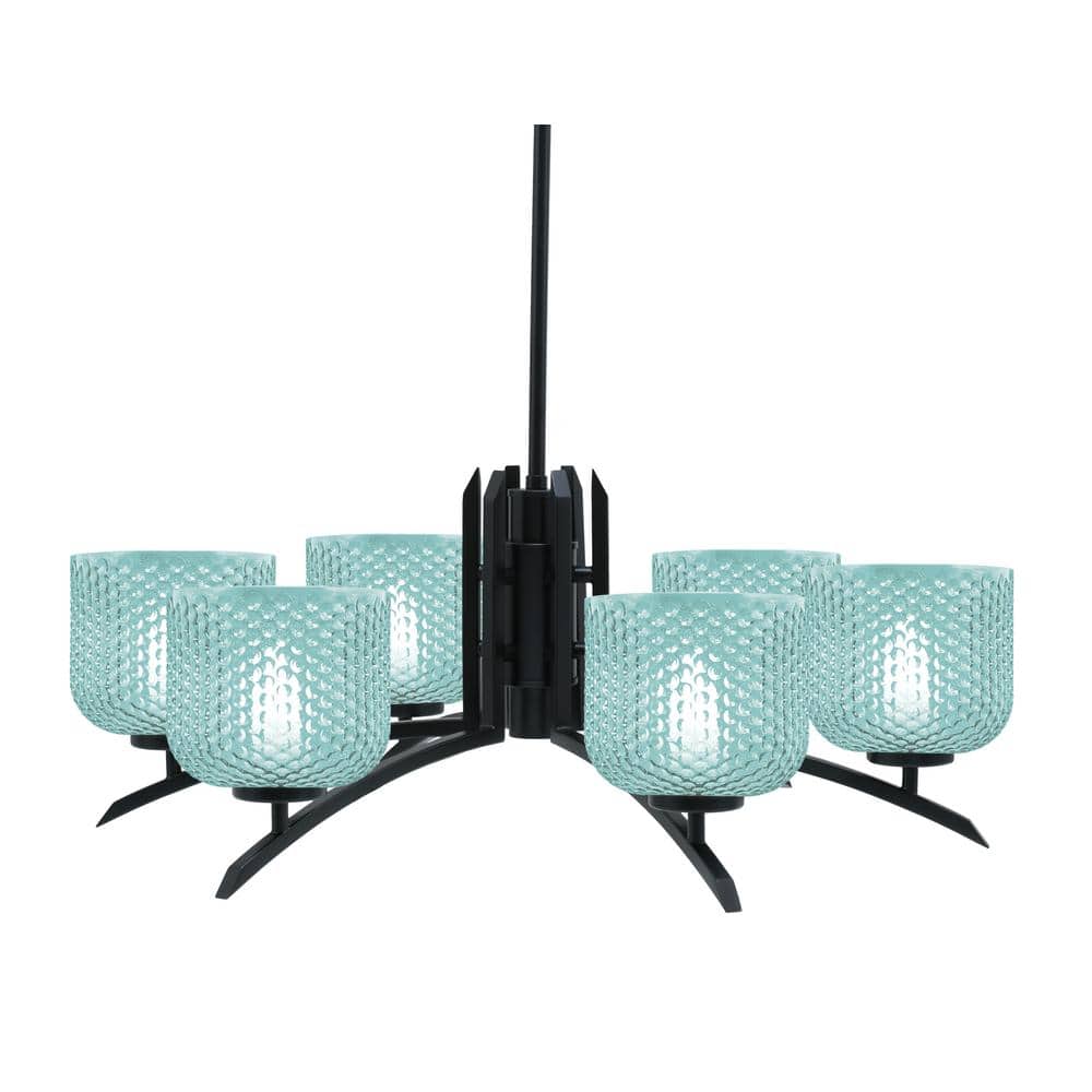 Siena 6-Light Matte Black Chandelier, Round Chandelier with Turquoise Glass