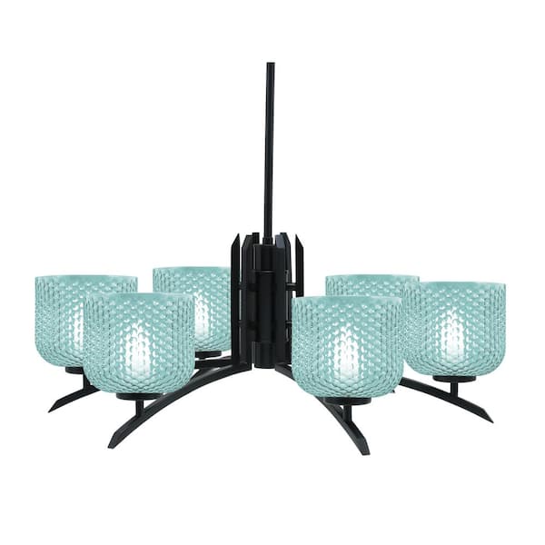 Unbranded Siena 6-Light Matte Black Chandelier, Round Chandelier with Turquoise Glass Shades, No bulb Included