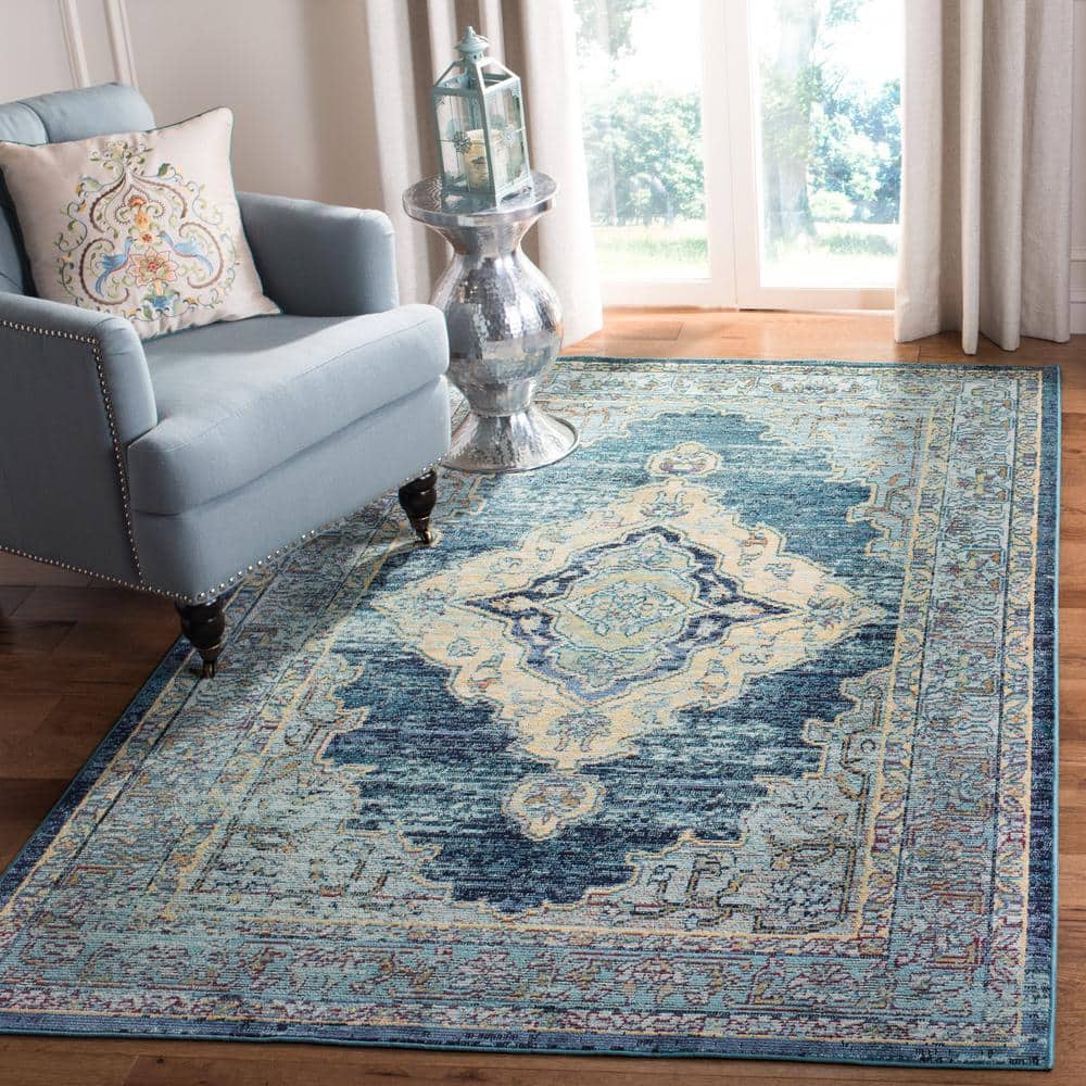 Elysian Blooms Reversible Blue Floral 7' Square Synthetic Rug