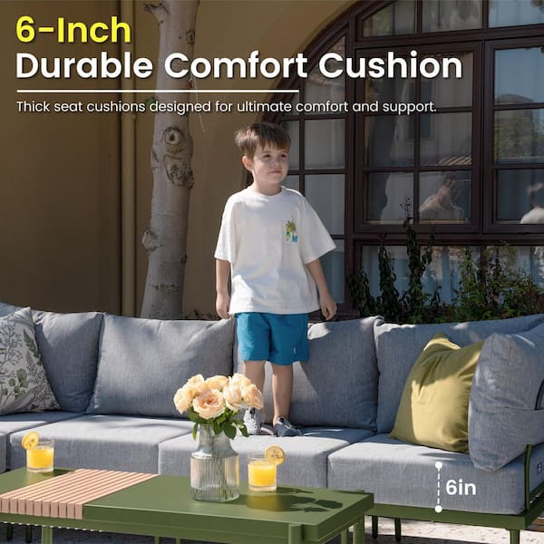 5-Piece Outdoor Conversation Furniture Set with Coffee Table, Green Frame and Grey Cushions
